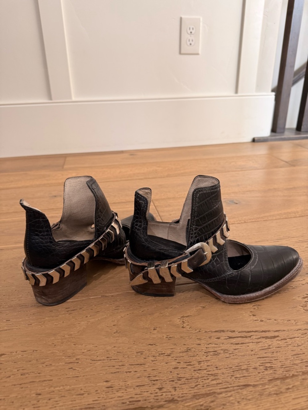 Blade freebird Black Croc-Embossed Ankle Booties with Tan Braided Strap